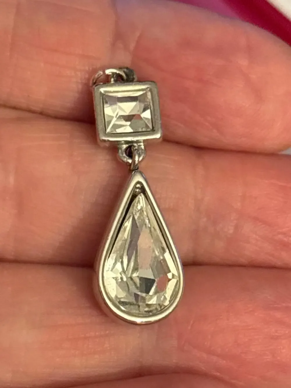 Vintage Silver Tone Clear Crystal Teardrop Pendant